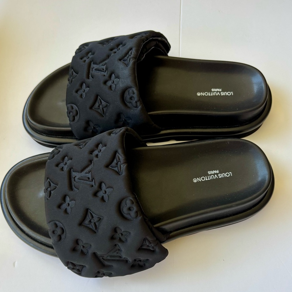 Louis Vuitton Black Embossed Monogram Slide Mules